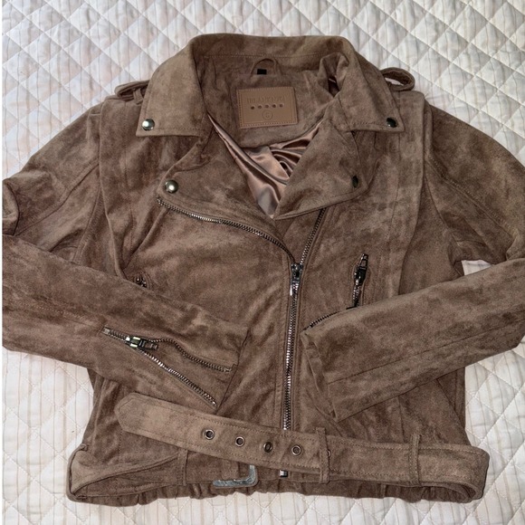 [BLANKNYC] Small Faux Suede Moto Jacket Taupe Belted Biker‎ Style Neutral Coat - Picture 2 of 7